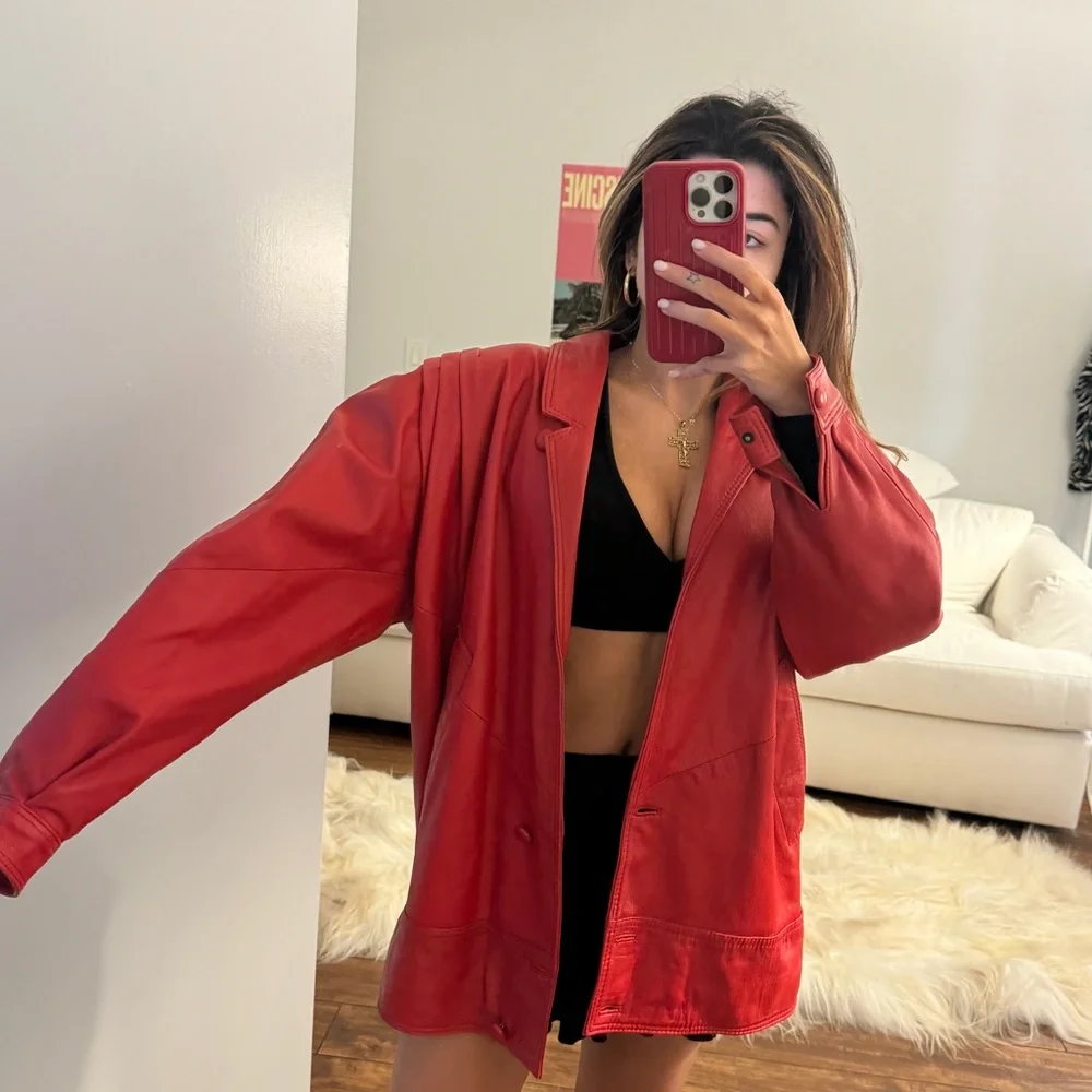 vintage red leather european moto oversized jacket